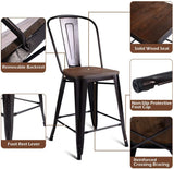 COSTWAY Tolix Style Dining Stools with Wood Seat and Backrest, Industrial Metal Counter Height Stool,