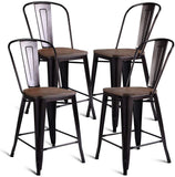 COSTWAY Tolix Style Dining Stools with Wood Seat and Backrest, Industrial Metal Counter Height Stool,