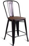 COSTWAY Tolix Style Dining Stools with Wood Seat and Backrest, Industrial Metal Counter Height Stool,