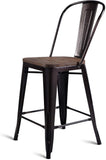 COSTWAY Tolix Style Dining Stools with Wood Seat and Backrest, Industrial Metal Counter Height Stool,