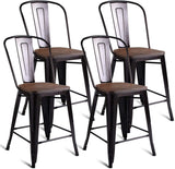 COSTWAY Tolix Style Dining Stools with Wood Seat and Backrest, Industrial Metal Counter Height Stool,