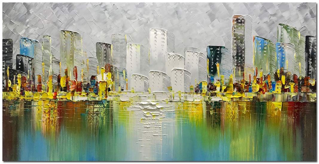 Palette Knife Modern Contemporary New York Manhattan Times Square Skyline  Artwork Square Abstract wall Art Oil