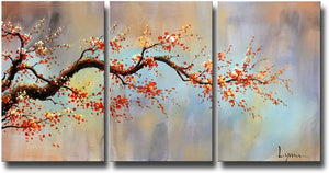 ARTLAND Modern 100% Hand Painted Flower Oil Painting on Canvas Orange Plum Blossom 3-Piece Gallery-Wrapped